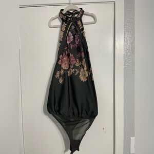 Free People Black and Pink Floral bodysuit